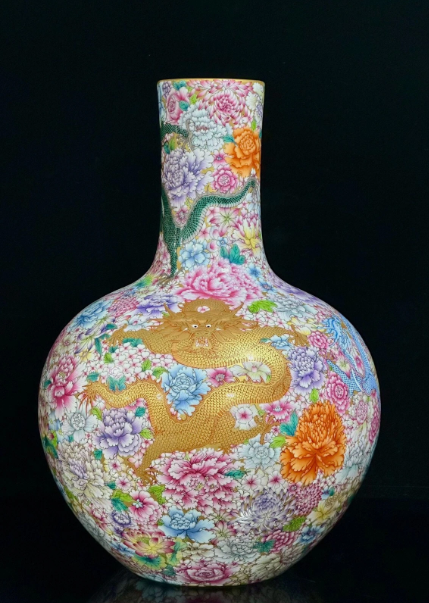 Antique Chinese Famille Rose Globular Porcelain Vase with Floral & Bird Motifs