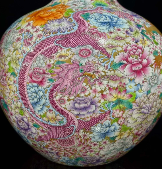 Antique Chinese Famille Rose Globular Porcelain Vase with Floral & Bird Motifs