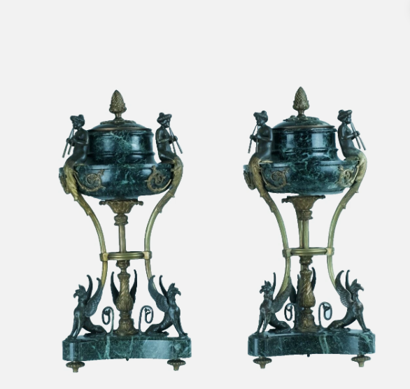 Philippe Thomire Antique French Bronze & Marble Griffin Urns, Early 19th Century (Pair)