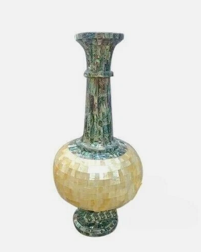 21″ White Marble Vase with Mother of Pearl Mosaic Inlay – Handcrafted Decorative Floor Vase