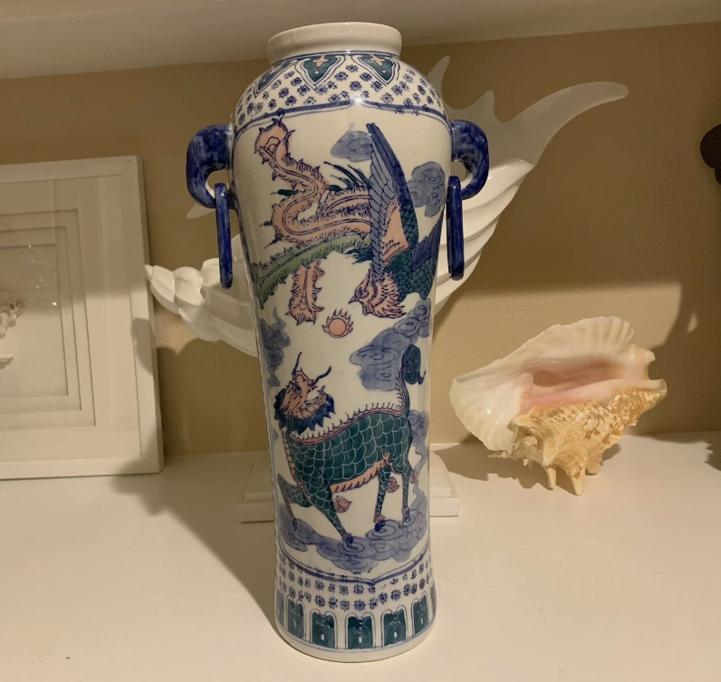 Antique Chinese Blue & White Porcelain Elephant Ear Vase with Dragon & Phoenix Motifs