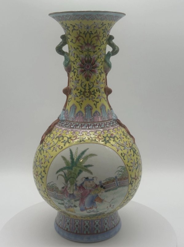 Famille Rose Yellow-Ground “Boys at Play” Twin-Handled Porcelain Vase, Qing Style
