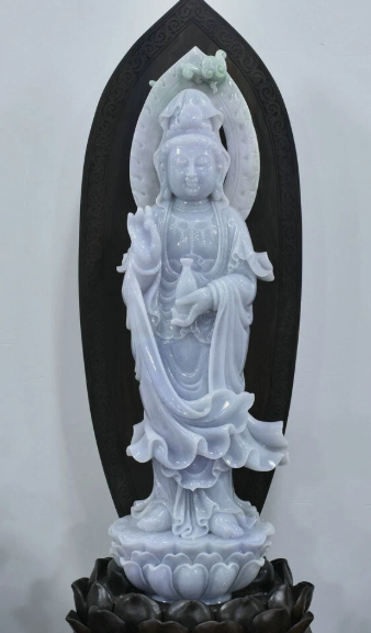 27.6" China Emerald ice Jade Carving Feng Shui Stand Guanyin Goddess Vase Statue