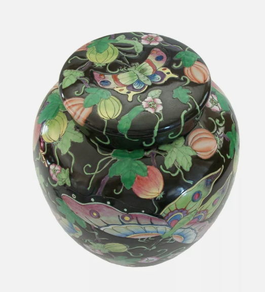 Antique Black Ground Famille Rose 'Butterfly' Ginger Jar - China - 19th Century