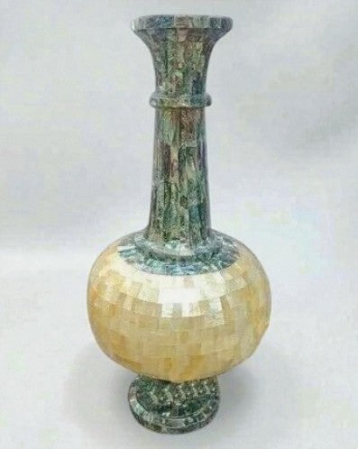 21″ White Marble Vase with Mother of Pearl Mosaic Inlay – Handcrafted Decorative Floor Vase