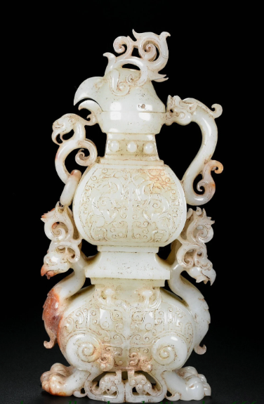 Old Chinese Hetian White Jade Nephrite Phoenix Zun Bottle Vase Sculpture