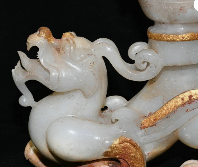 Chinese Hetian Jade Carved Dragon Bottle Vase with Gilt Accents