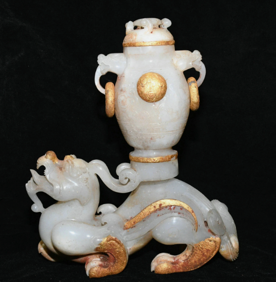 Chinese Hetian Jade Carved Dragon Bottle Vase with Gilt Accents