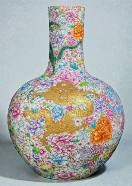 Antique Chinese Famille Rose Globular Porcelain Vase with Floral & Bird Motifs