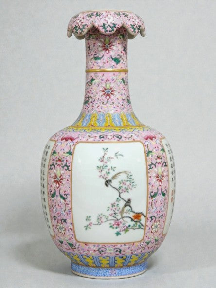 Chinese Famille Rose Porcelain Vase with Flowers & Birds, Hand-Painted