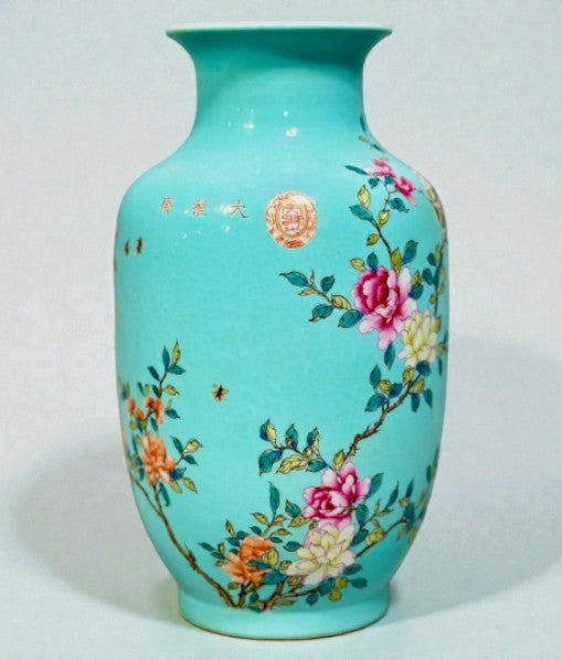 Chinese Famille Rose Turquoise-Glazed Porcelain Vase with Floral & Bird Motifs