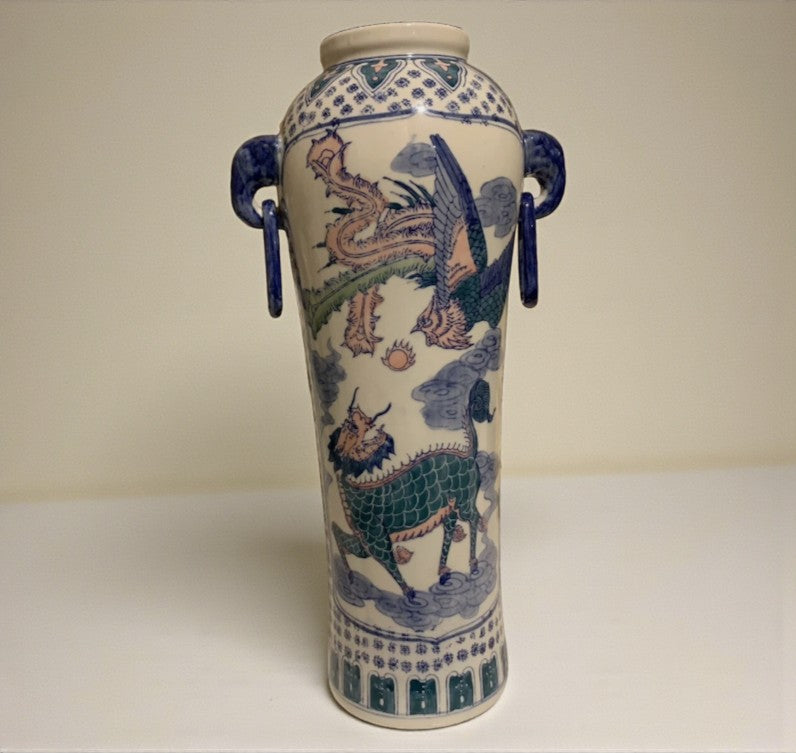 Antique Chinese Blue & White Porcelain Elephant Ear Vase with Dragon & Phoenix Motifs