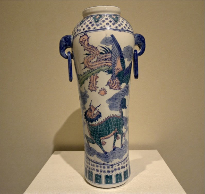 Antique Chinese Blue & White Porcelain Elephant Ear Vase with Dragon & Phoenix Motifs