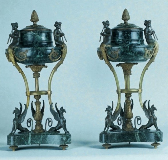Philippe Thomire Antique French Bronze & Marble Griffin Urns, Early 19th Century (Pair)